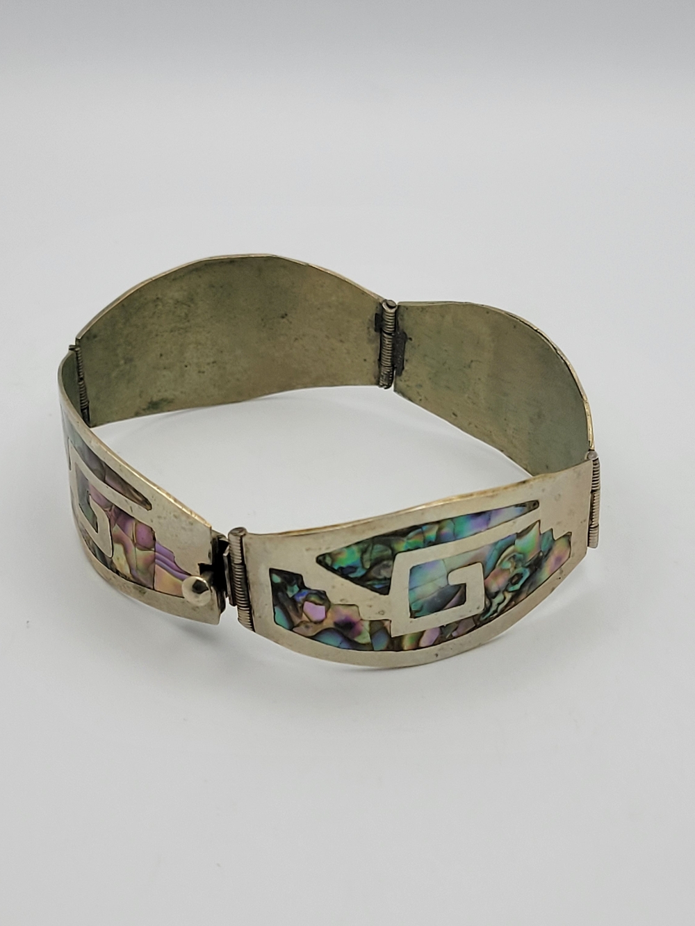 Vintage Mexican Alpaca Silver Abalone Inlay Statement Bracelet